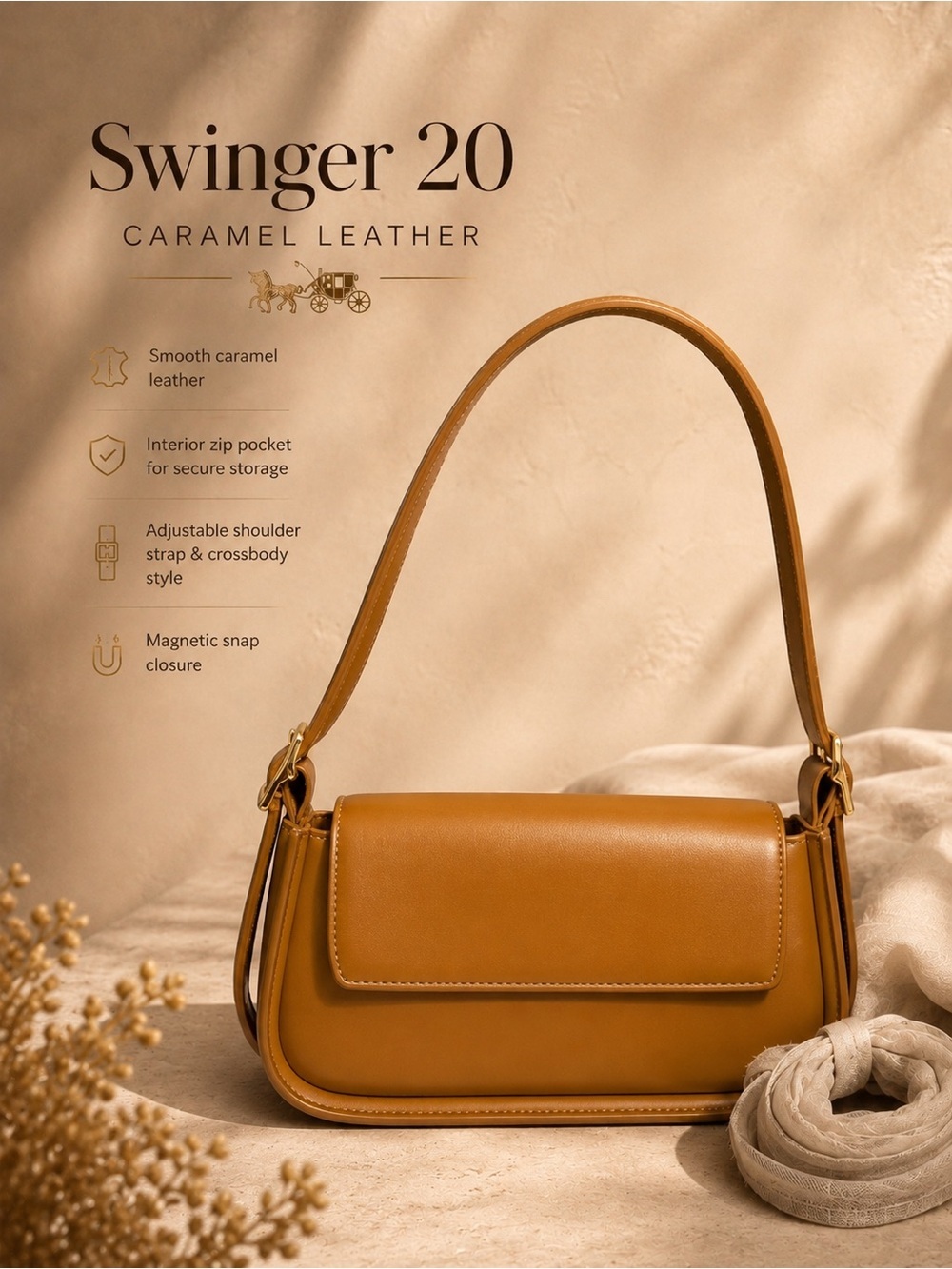 Tan Faux Leather Shoulder Bag Adjustable Strap Crossbody Minimalist Baguette
